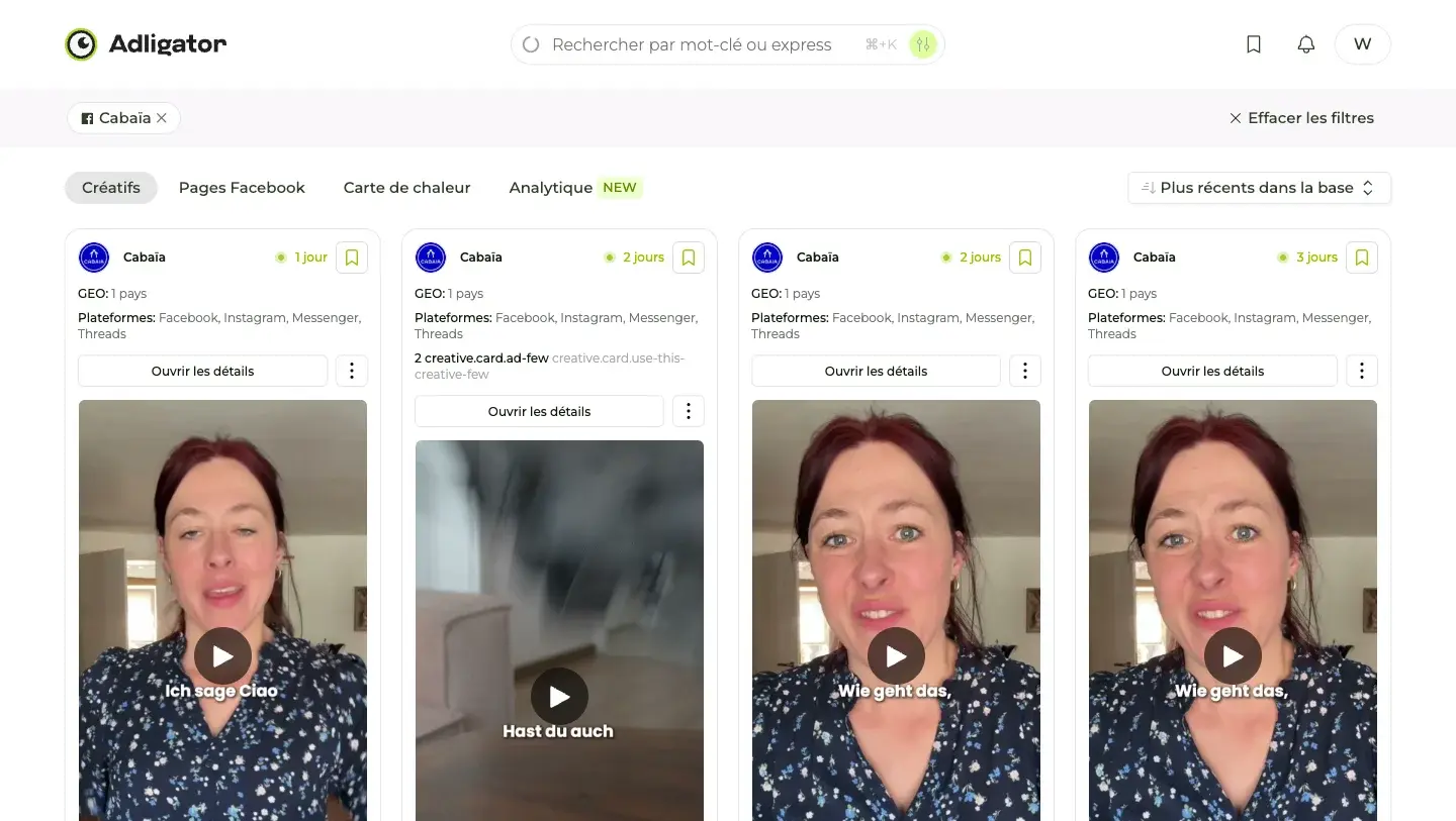 Flux du tracker Cabaïa dans Adligator avec les nouvelles créas de la semaine