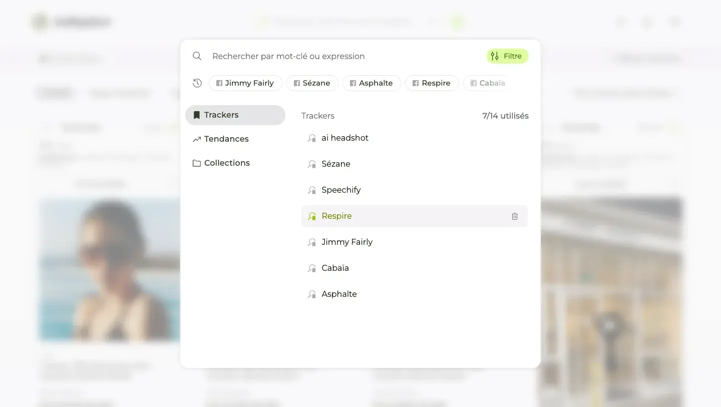 Liste des trackers de concurrents dans la fenêtre de recherche Adligator