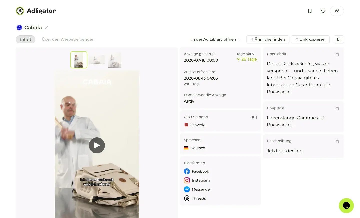 Anzeigen-Detailseite mit 26 Tagen Laufzeit, Startdatum, GEO Schweiz und Link zur Produktkollektion
