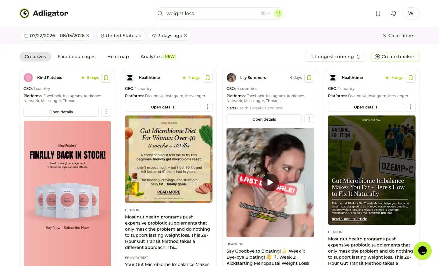 US weight loss ads created after July 22 2026 in Adligator, sorted by longest running