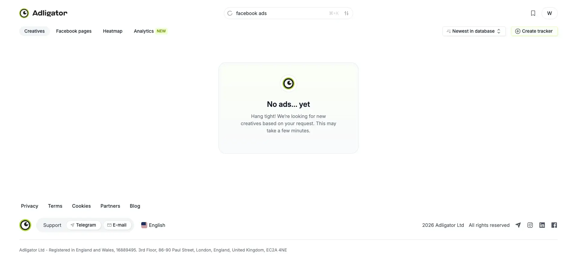 Adligator creative search interface showing search bar, filter options, and navigation tabs for analyzing competitor Facebook ad campaigns