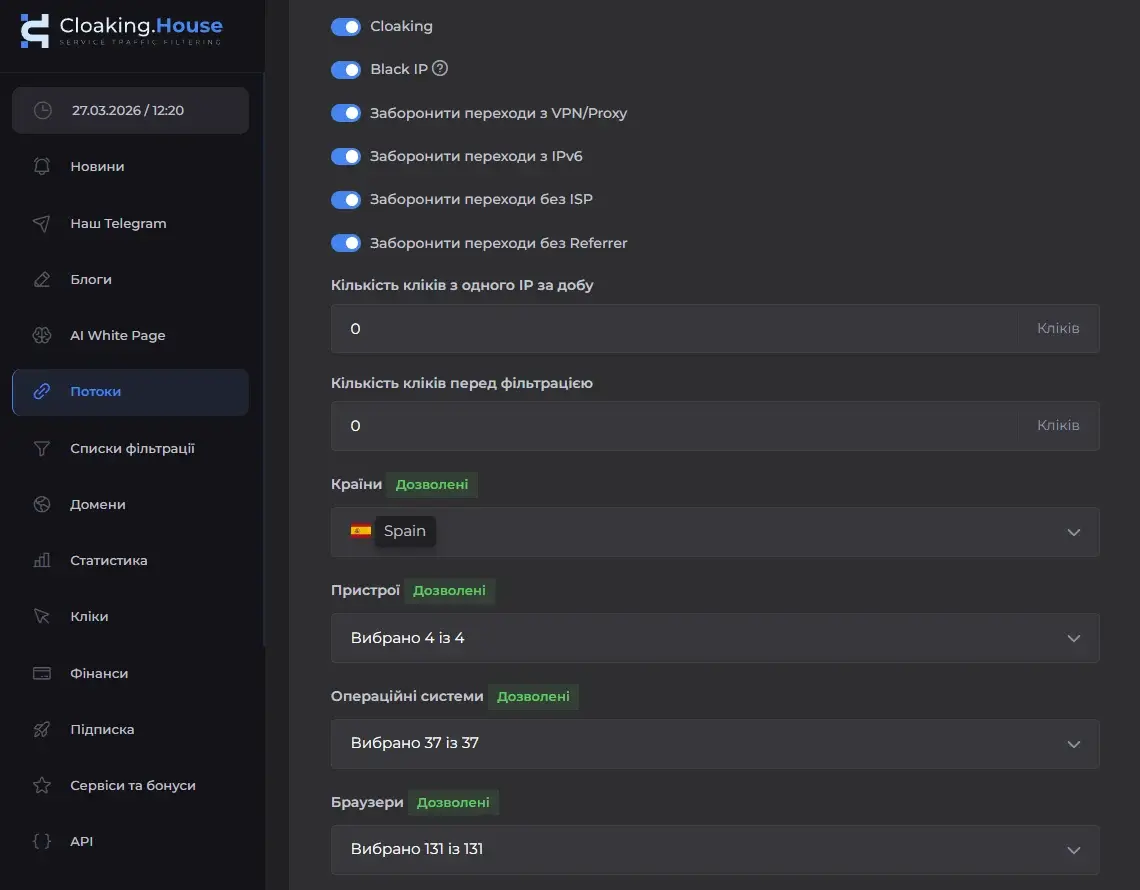 Правила фільтрації трафіку в Cloaking.House: блокування VPN/Proxy, IPv6, дата-центрів, перевірка GEO, пристрою та ОС