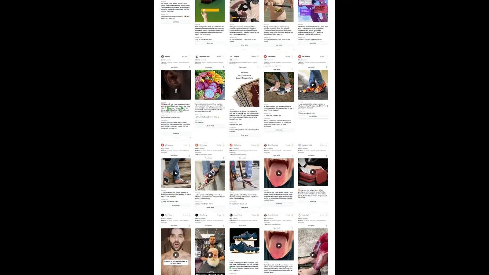 Adligator interface showing competitor Facebook ad copy with text, headlines, and CTA buttons for analysis