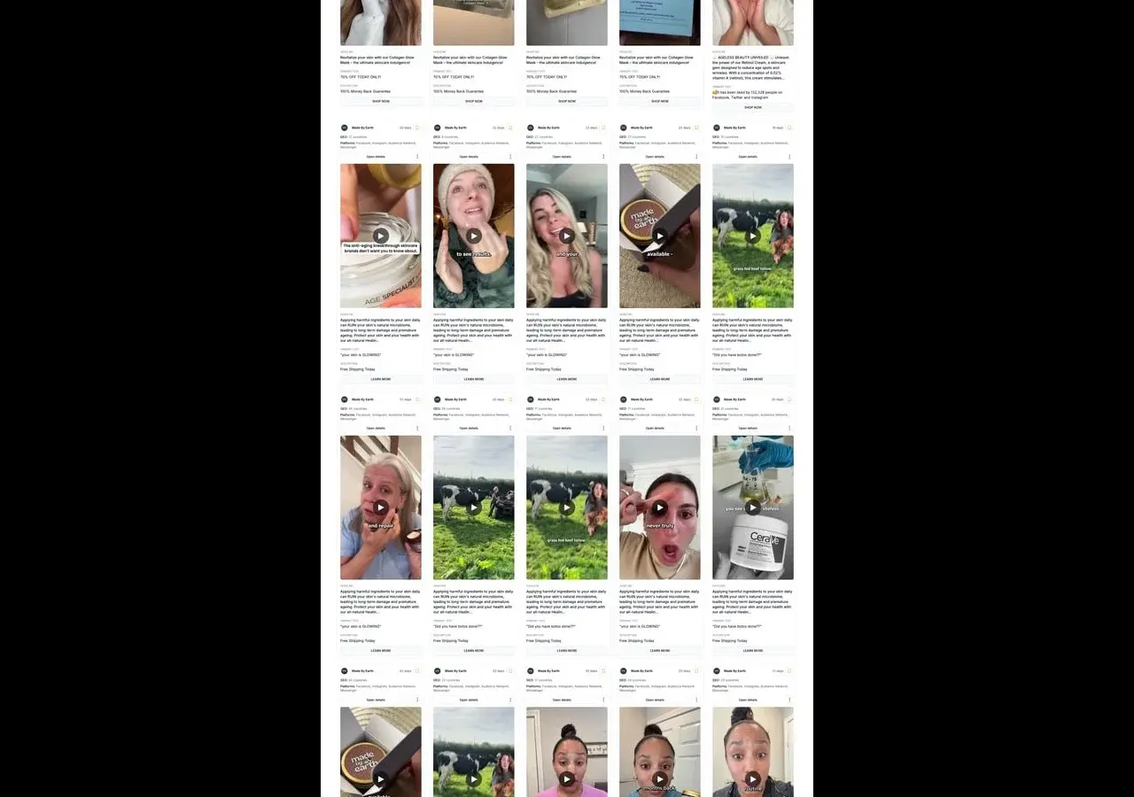 Adligator search interface with longevity filter set to 14+ days active, showing high-performing Facebook ad creatives