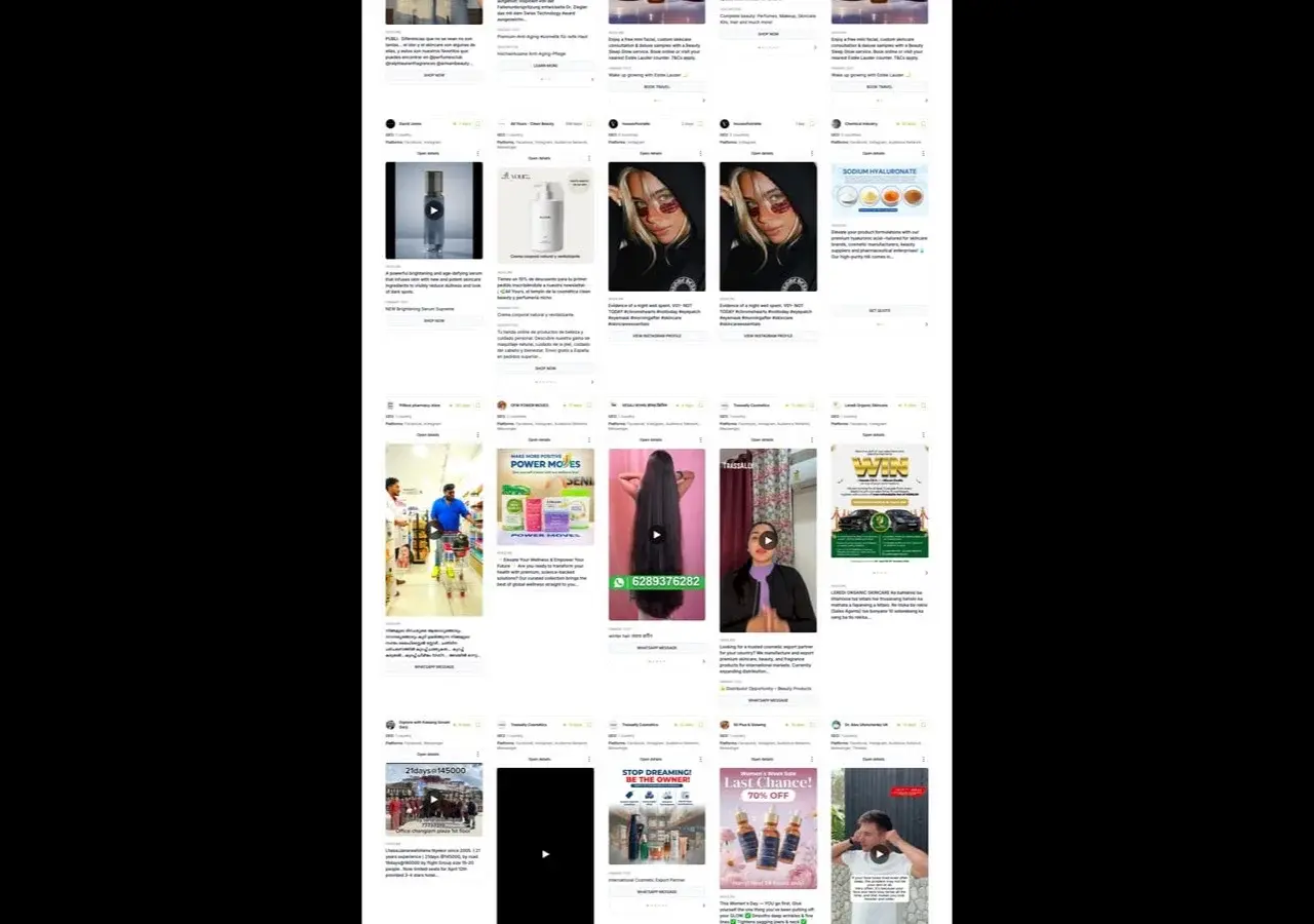 Adligator search interface showing e-commerce competitor ad creatives with days active and platform filters applied