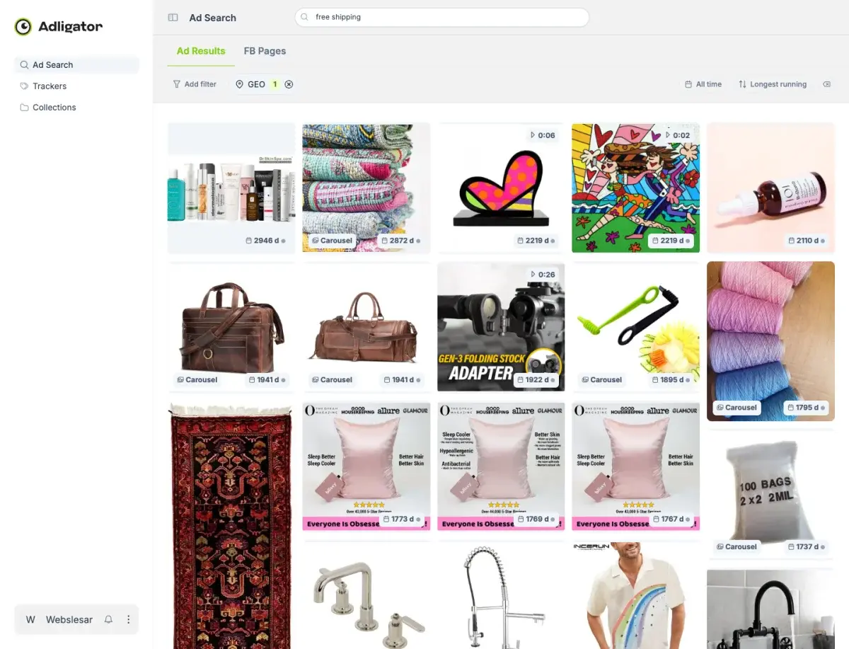 Adligator search results sorted by longest running showing ads with multi-year runtime badges