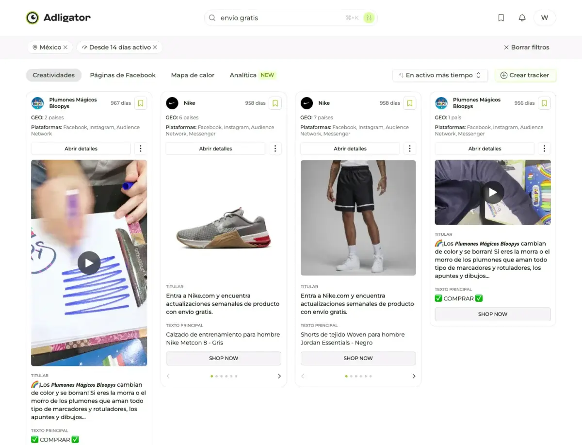 Anuncios de Facebook activos en México con más de 950 días de actividad, filtrados por país en Adligator