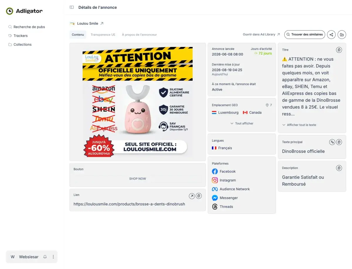 Fiche détaillée Adligator d'une publicité DinoBrosse active depuis 72 jours dans 7 pays