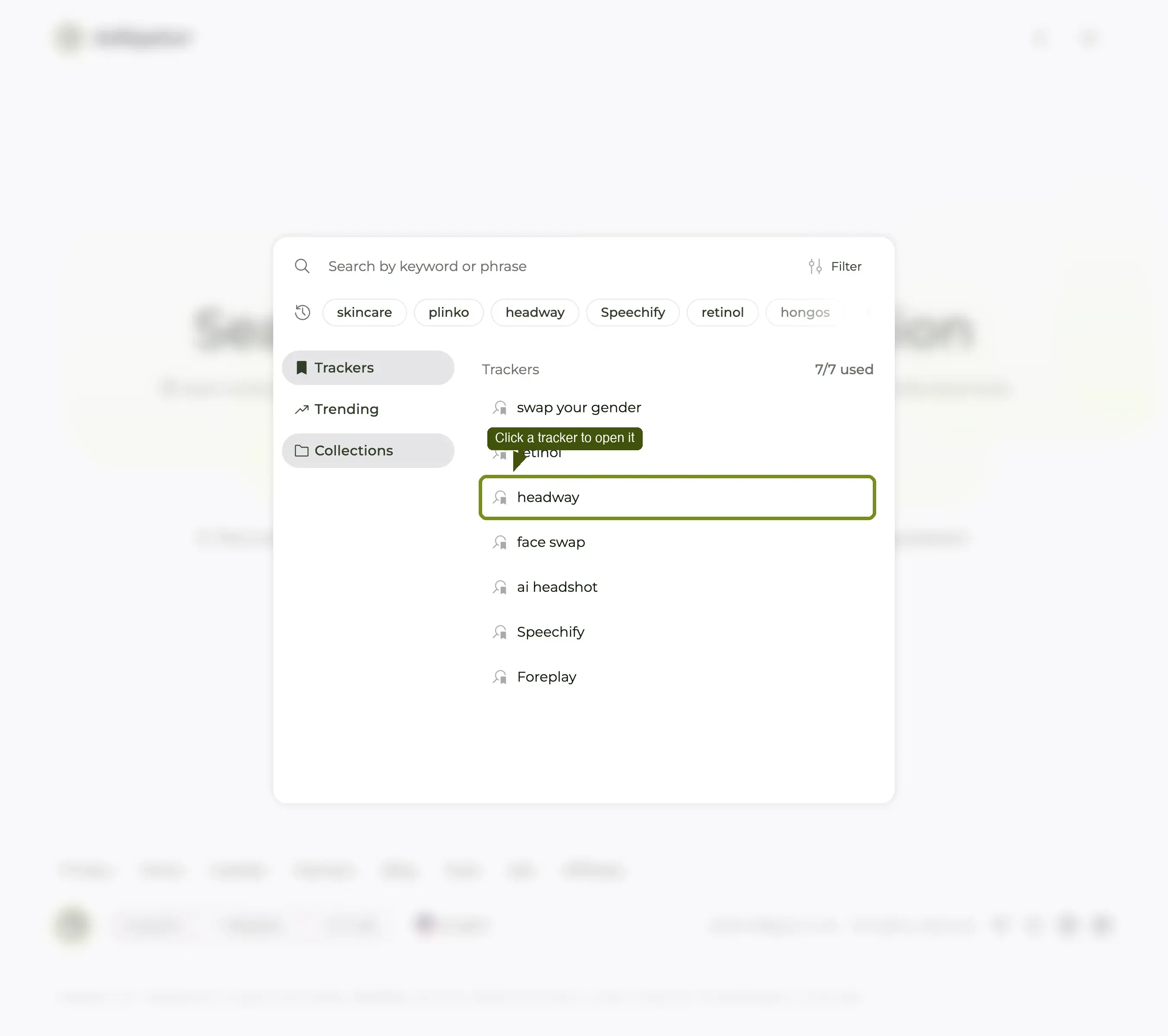 Search popup with the Trackers list — click the headway row to open that tracker.
