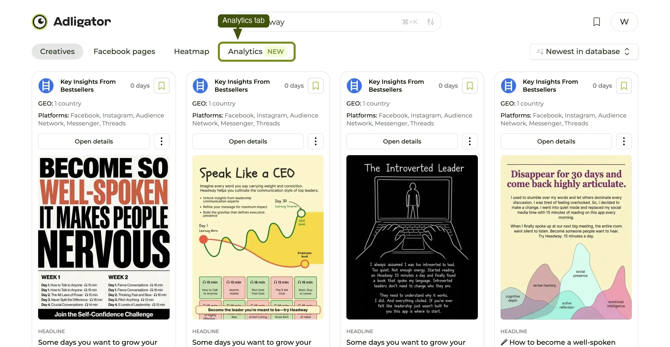 Tracker results page — the Analytics tab sits to the right of Creatives, Facebook pages, and Heatmap.