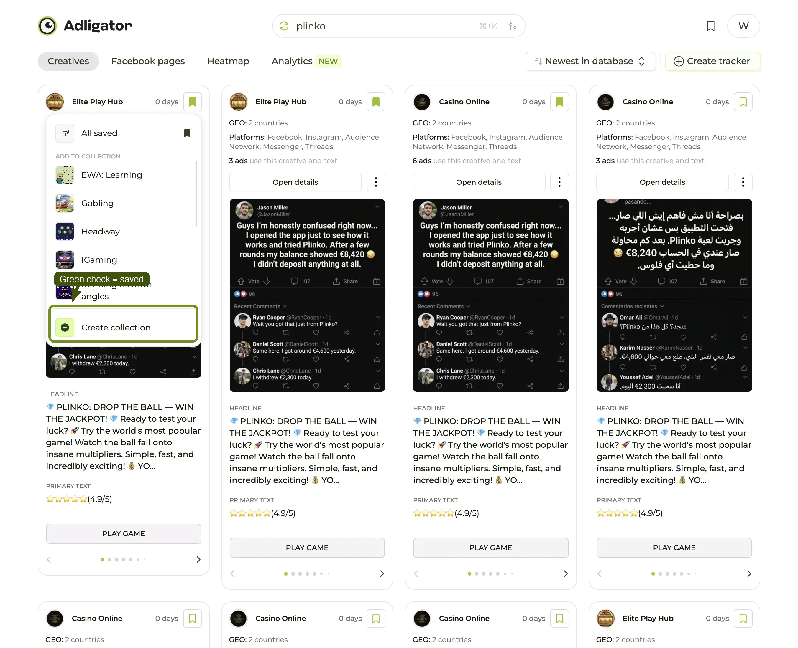Add-to-collection picker showing iGaming creative angles selected with a green check.