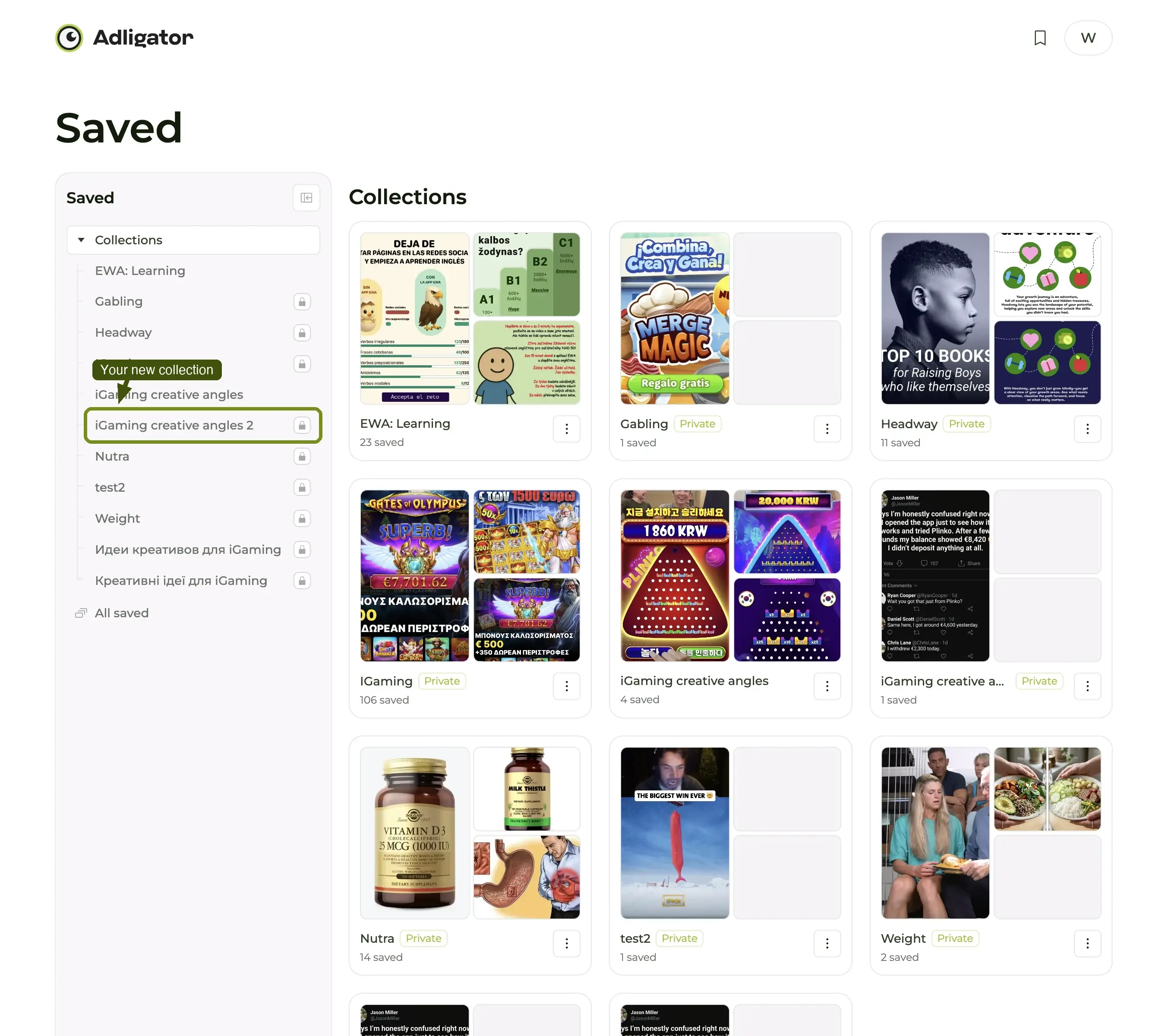 Collections page with the new iGaming creative angles folder visible in the grid.