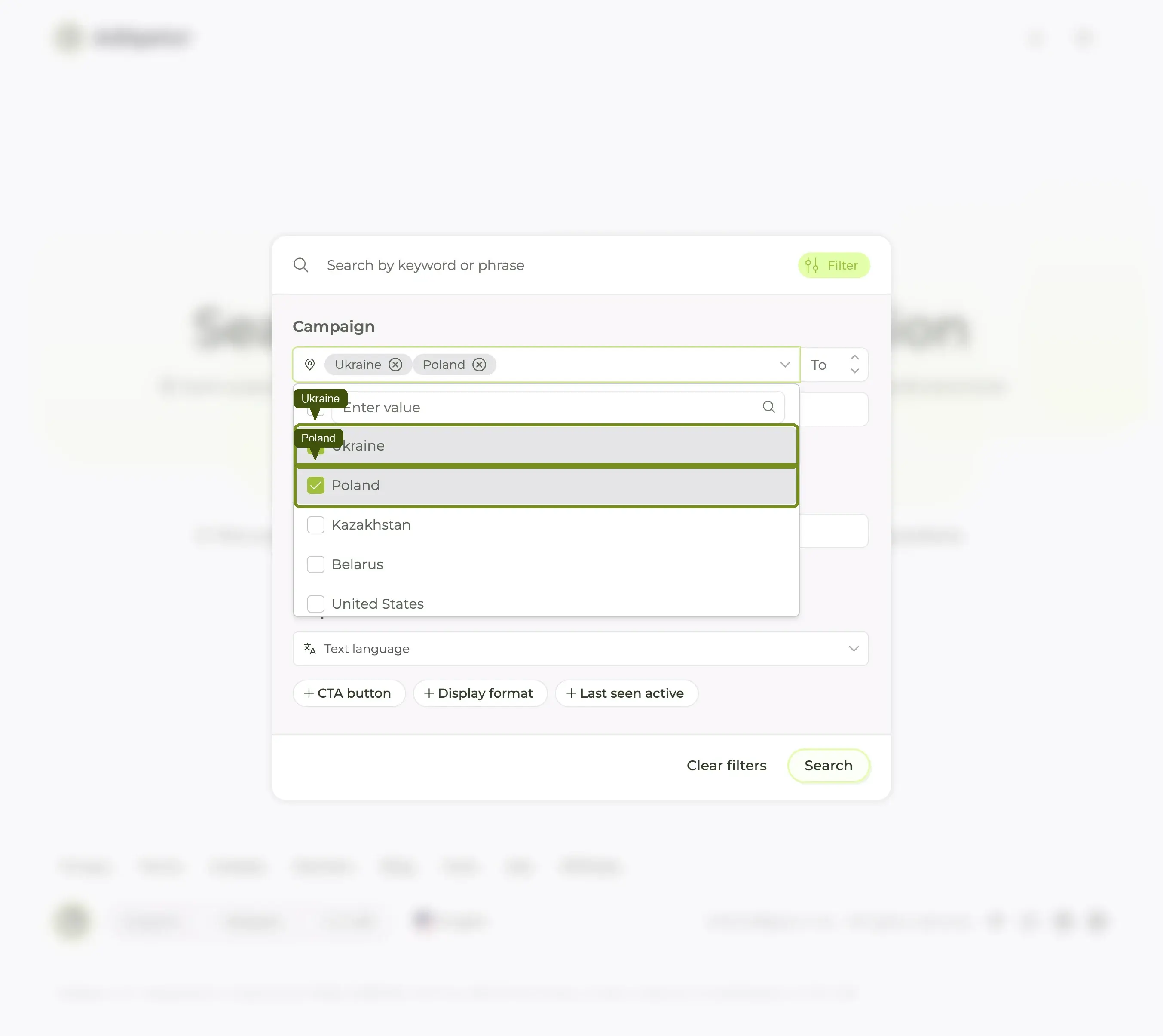 GEO multi-select: Ukraine and Poland picked, inline search field above the country list.