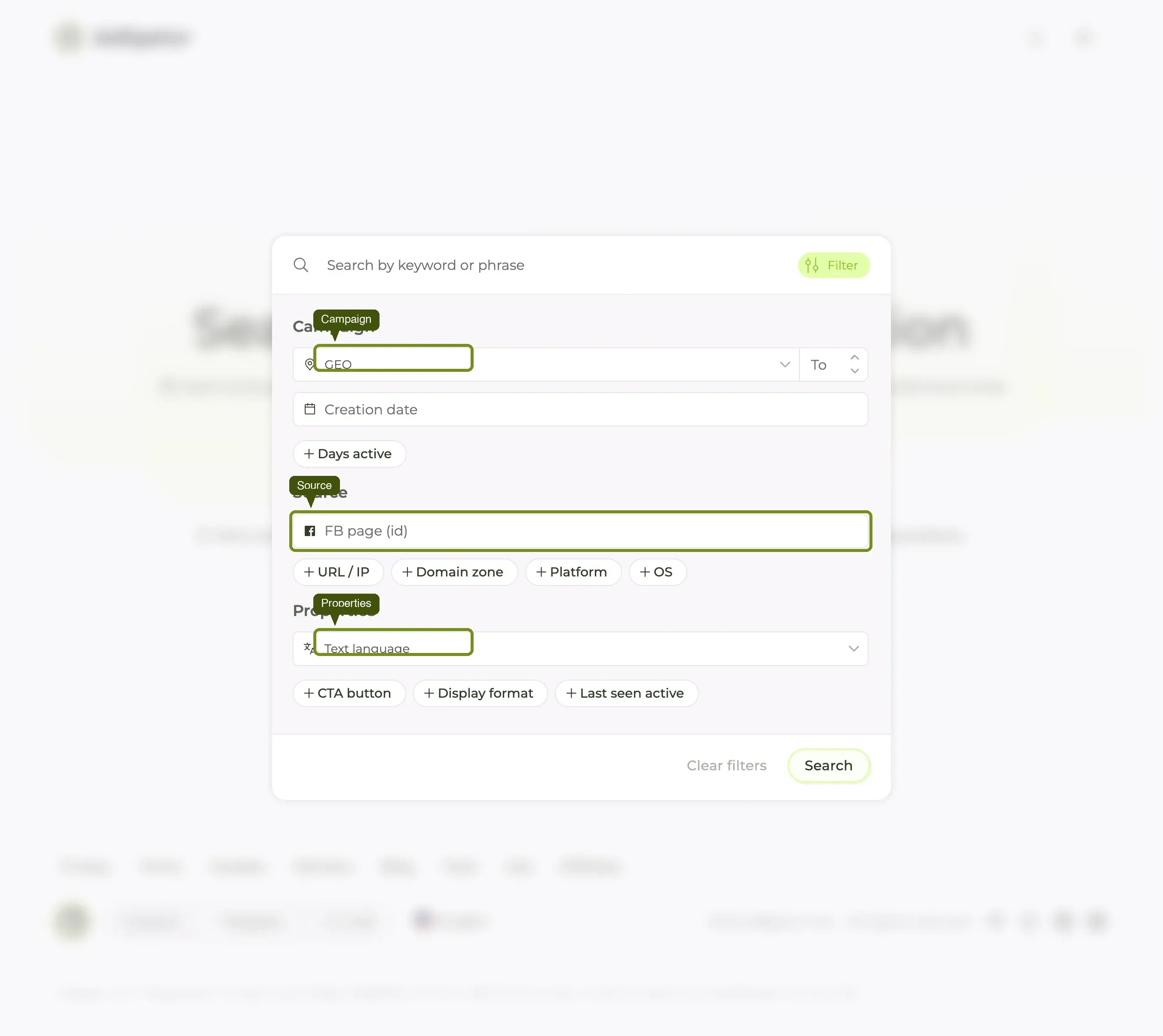 Adligator's filter panel: 13 filters grouped into Campaign, Source, and Properties sections.