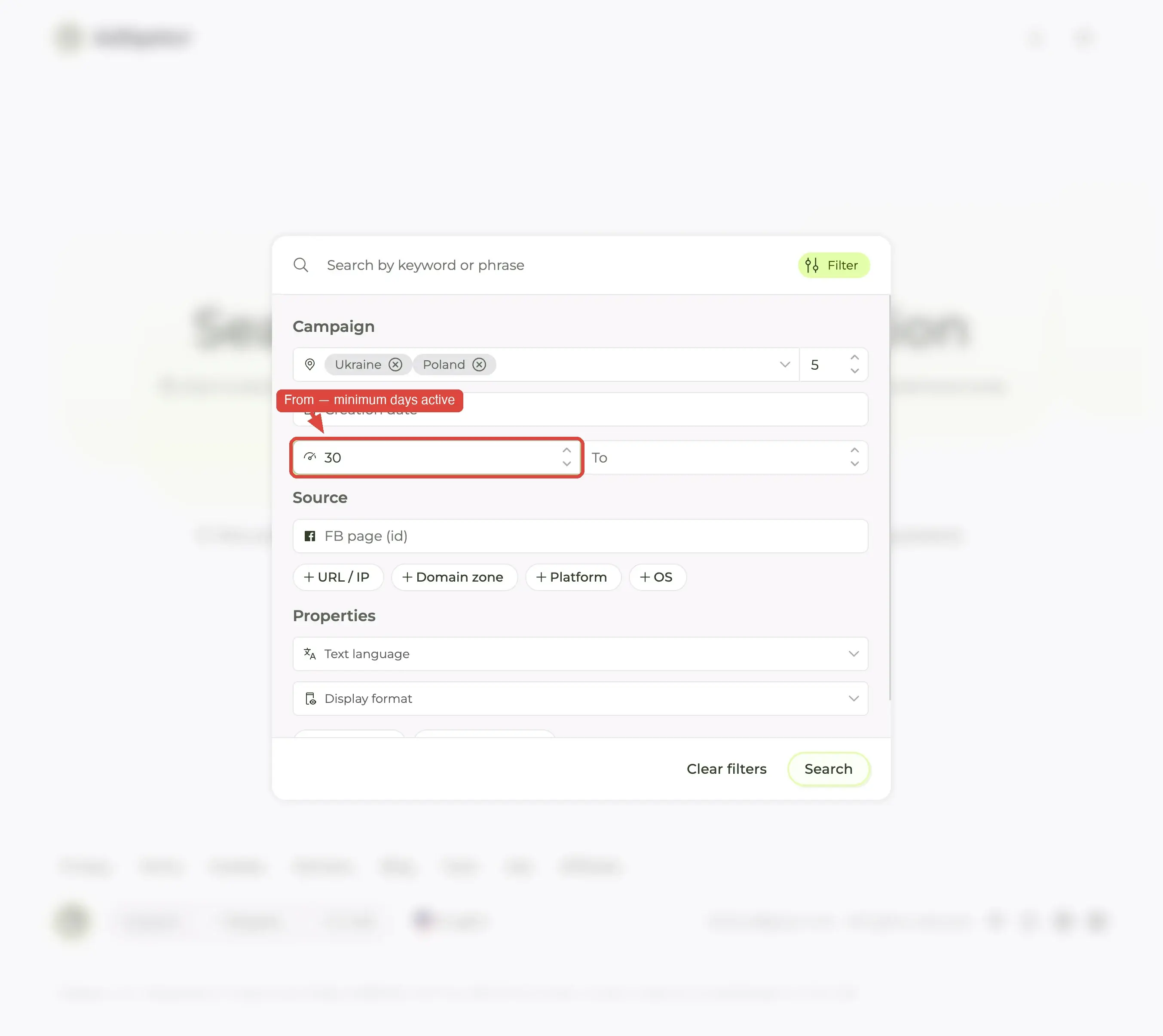 Days active expanded into two numeric inputs (From / To) inside the filter panel's Campaign group.
