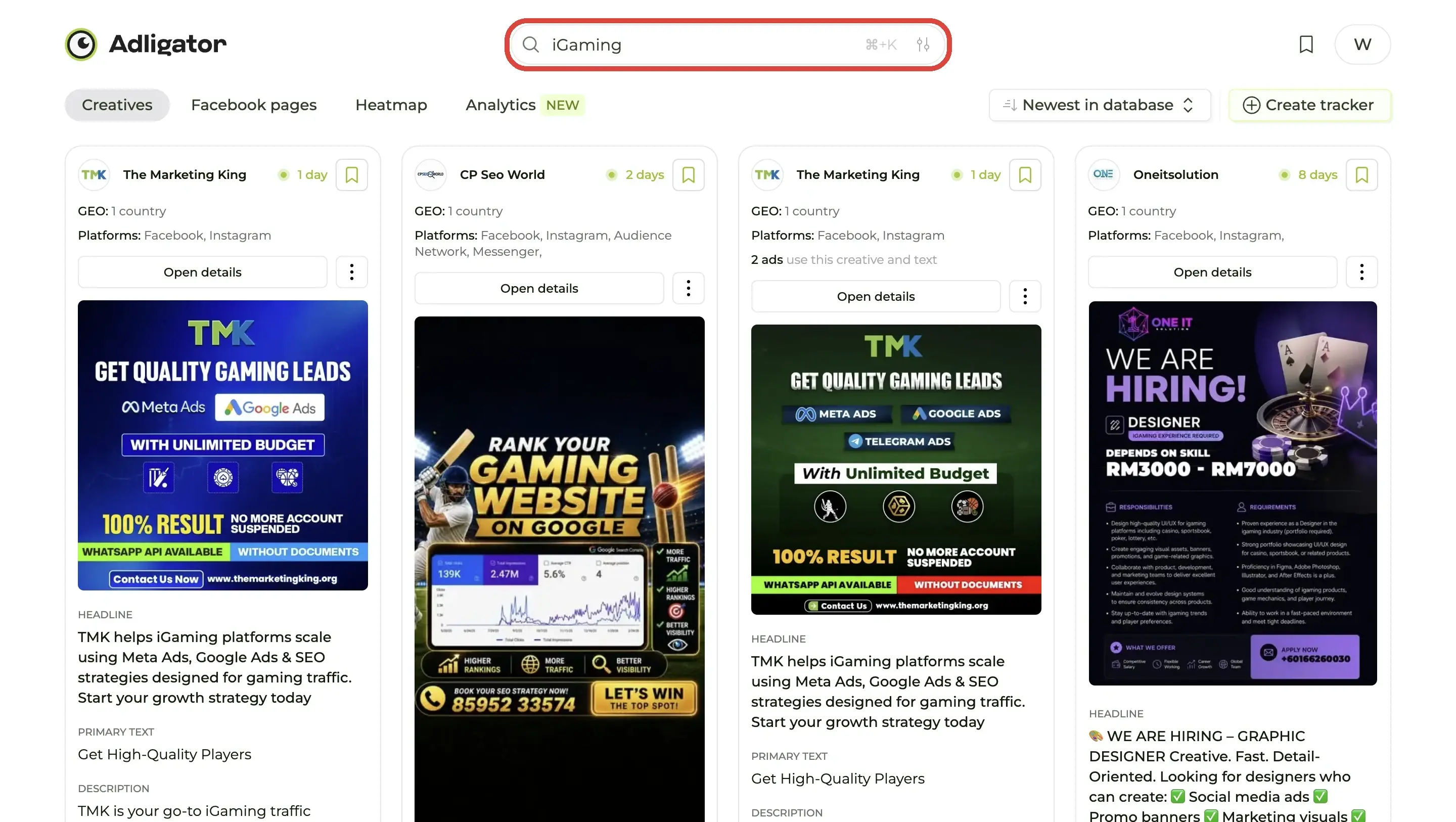 Search results for "iGaming" — B2B affiliate platforms, conferences, and industry services, not the actual casino game ads.