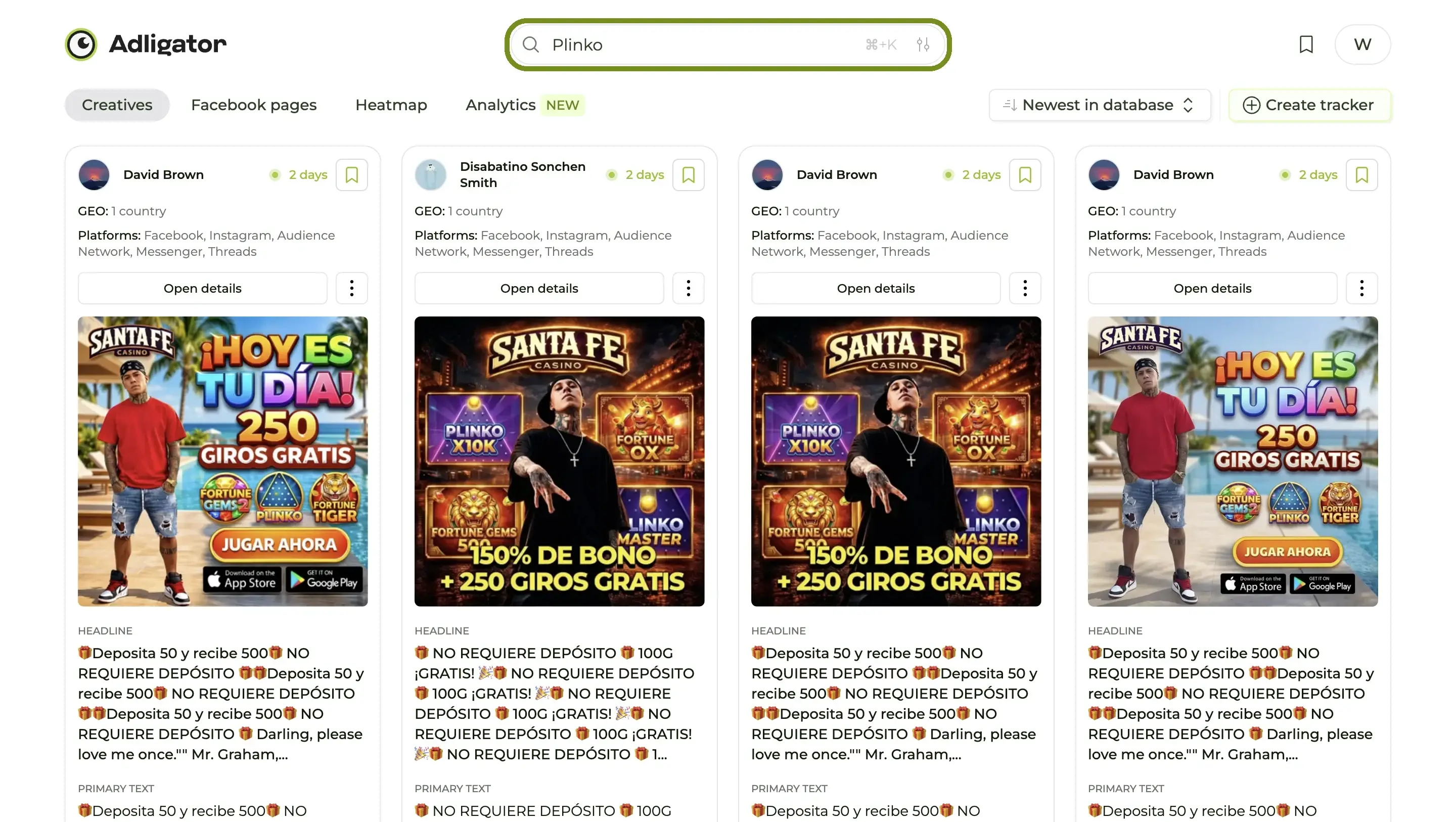 Search results for "Plinko" — the actual consumer-facing casino creatives, headline "PLINKO: DROP THE BALL — WIN THE JACKPOT", brand pages like Elite Play Hub and Casino Online.