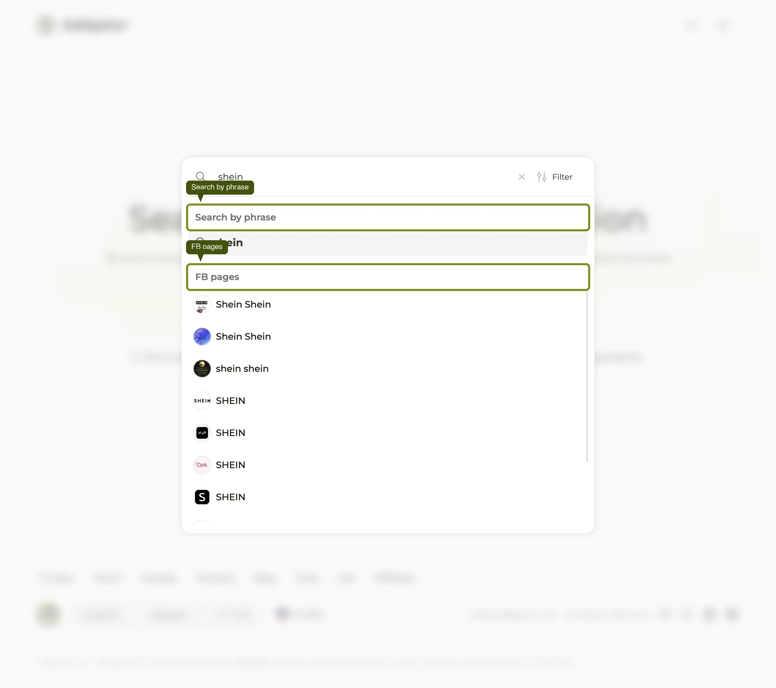The Adligator search autocomplete for "shein", with the phrase row and FB pages section called out.