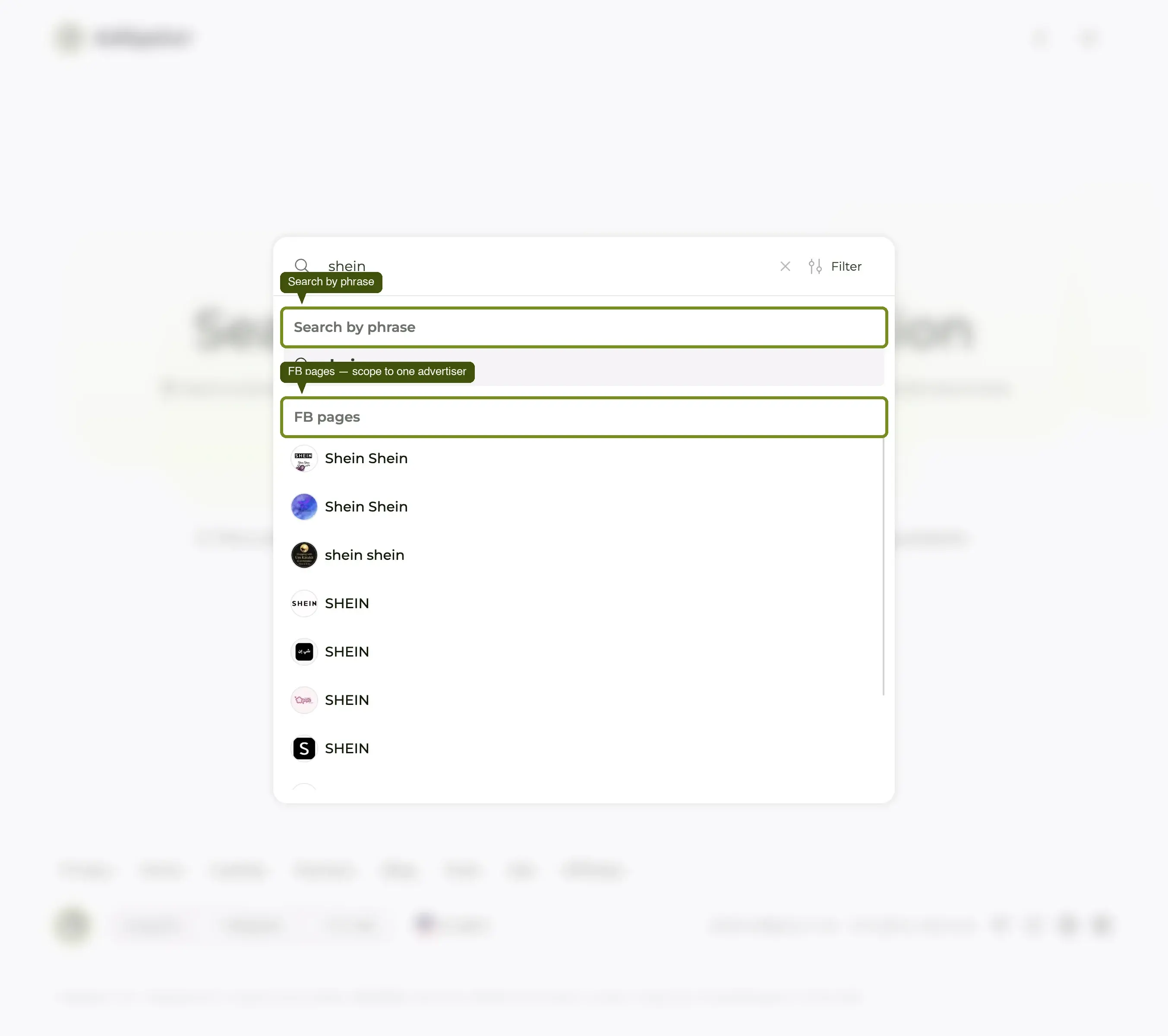 Autocomplete dropdown: phrase rows at the top, FB-page rows below — pick a page row to scope to that advertiser only.