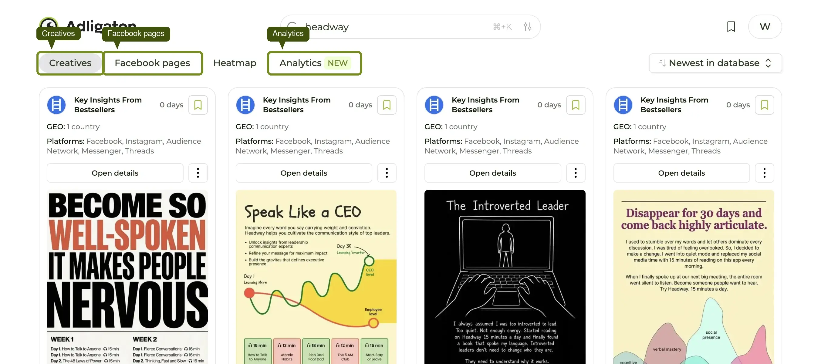 The Adligator tab bar — Creatives, Facebook pages, Heatmap, Analytics — sits below the global header.