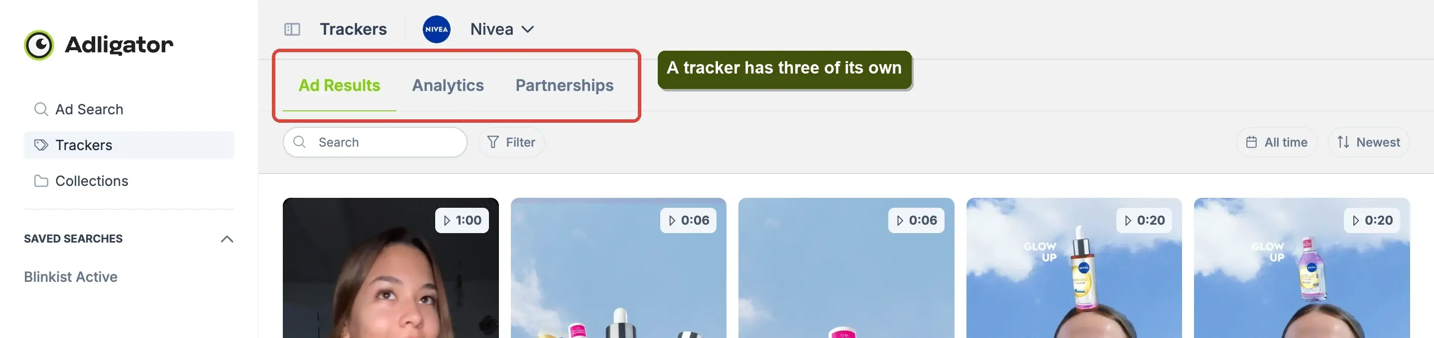 A Tracker's own tabs — Ad Results, Analytics and Partnerships.