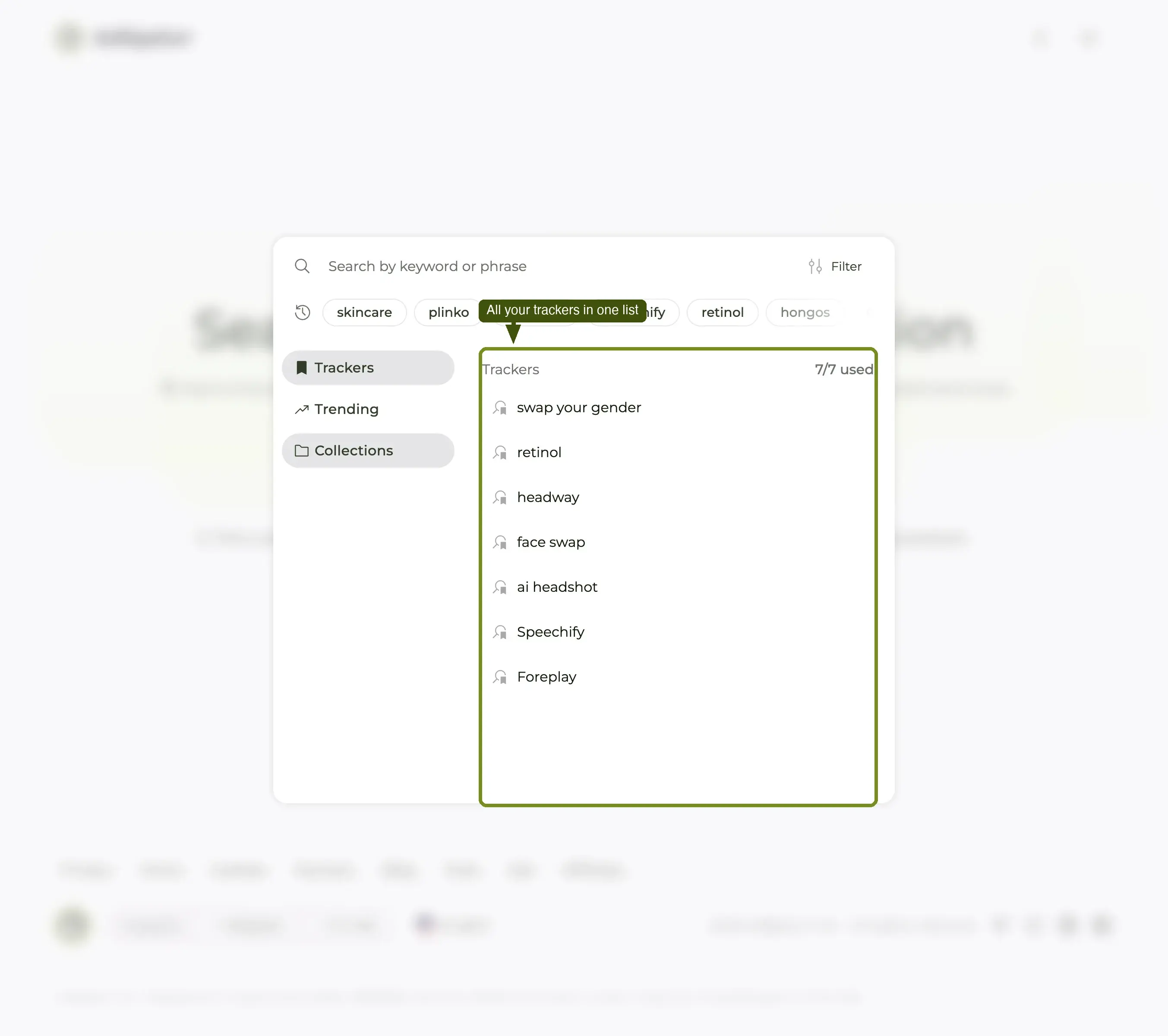 The Trackers popup: left-nav highlights Trackers, right panel lists every saved tracker.