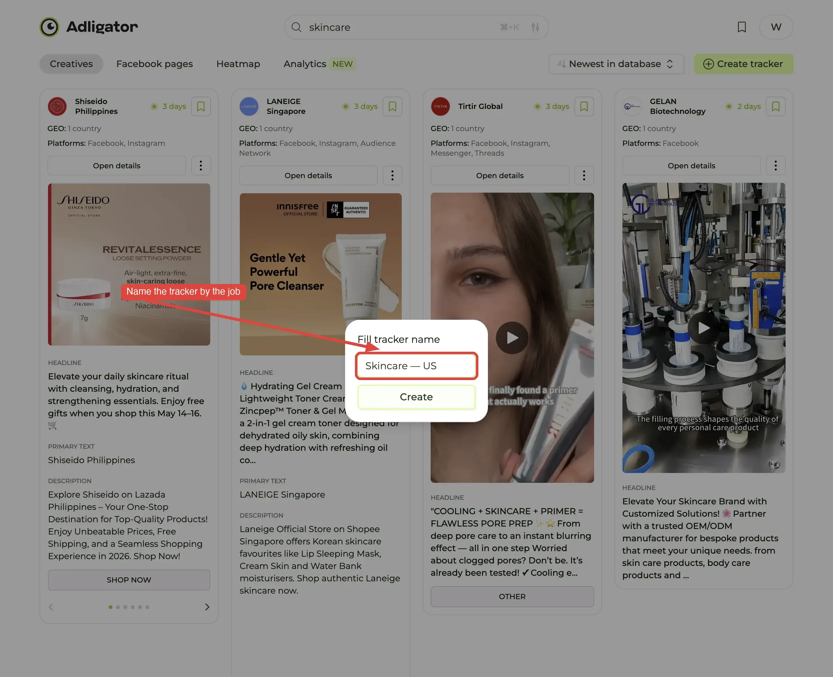 Create-tracker modal: name the tracker by the job (brand + country + slice), not by an internal id.