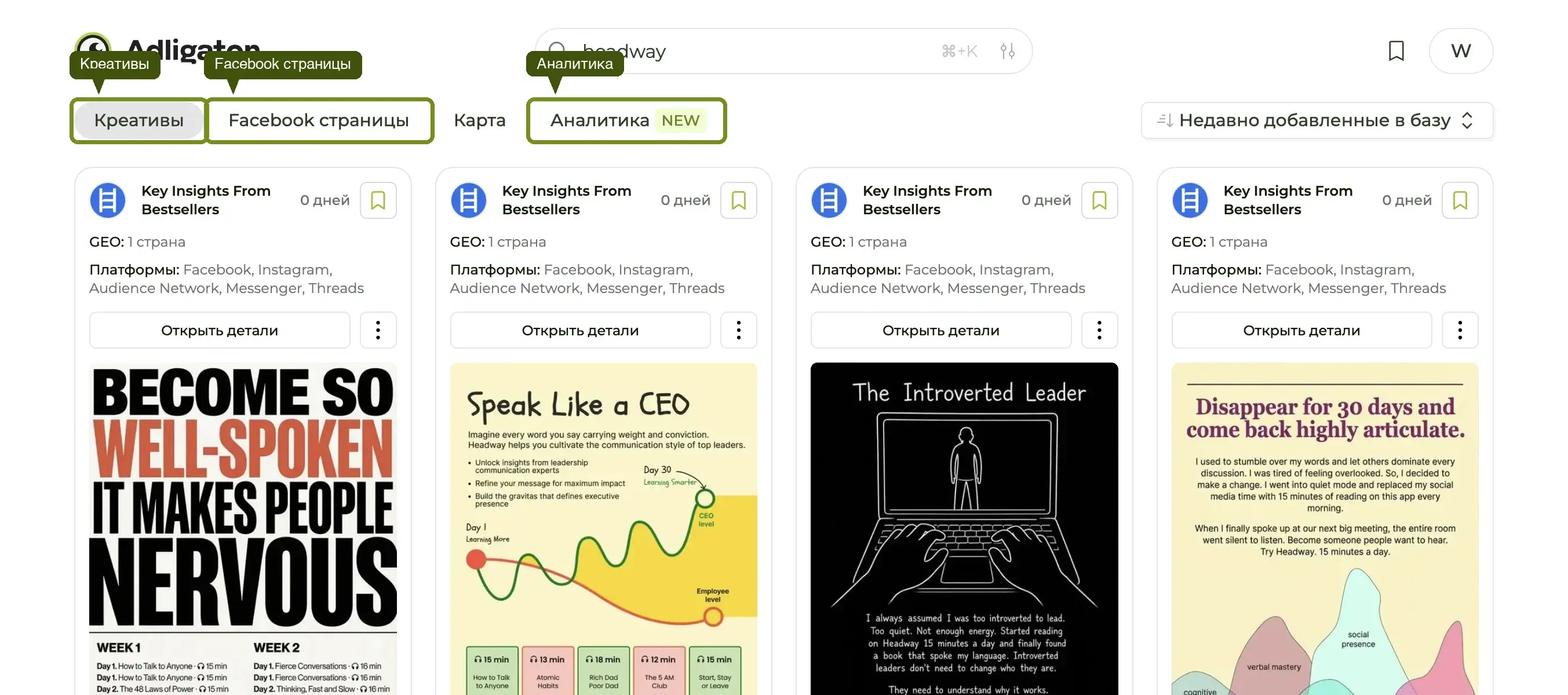 Панель вкладок Adligator — Креативы, Facebook страницы, Тепловая карта, Аналитика — расположена под глобальной шапкой.
