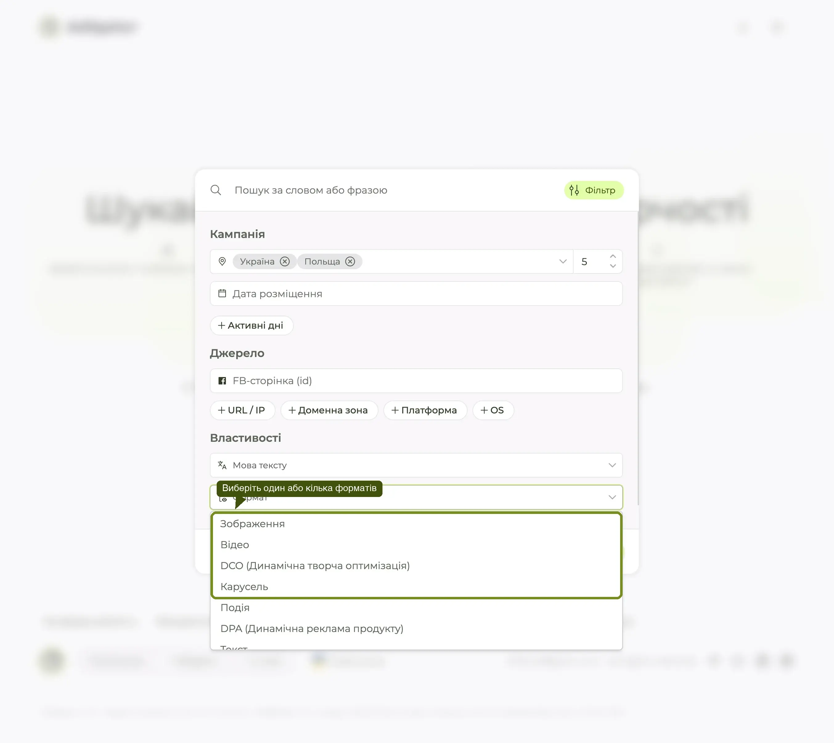 Розгорнутий дроп-даун Display format: Image, Video, DCO, Carousel, Event, DPA, Text та інші.