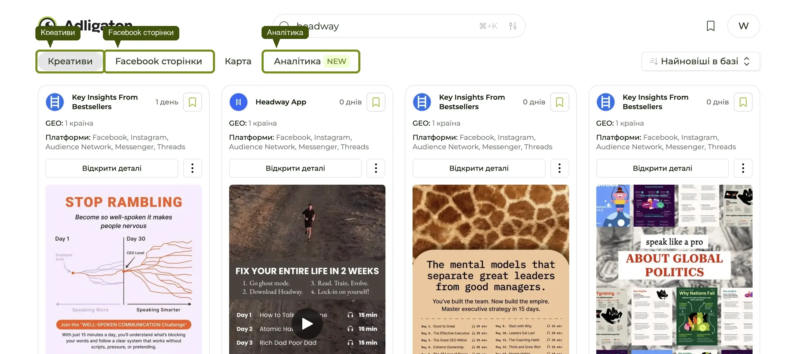 Панель вкладок Adligator — Креативи, Facebook сторінки, Хітмеп, Аналітика — розташована під глобальним хедером.