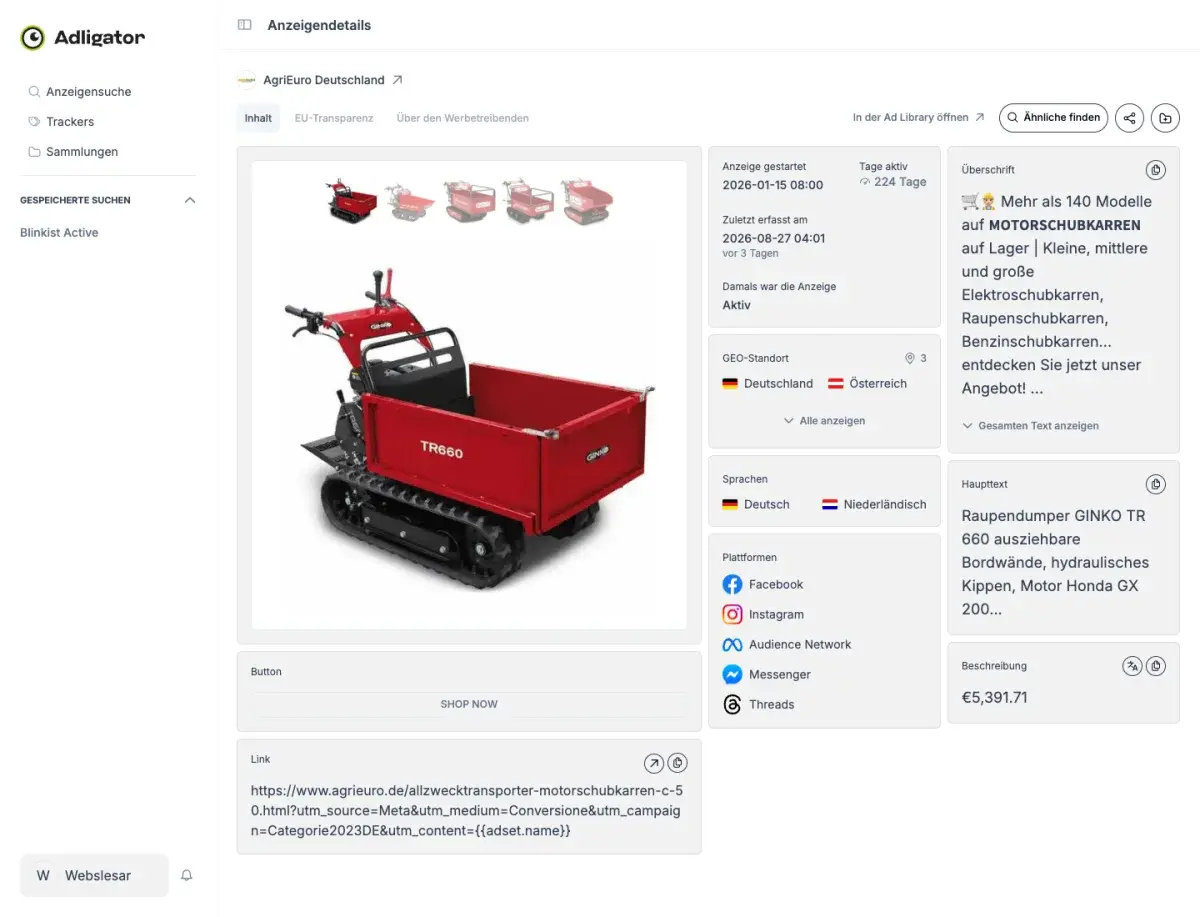 Anzeigendetails in Adligator: AgriEuro DPA-Anzeige für Motorschubkarren mit 224 Tagen Laufzeit