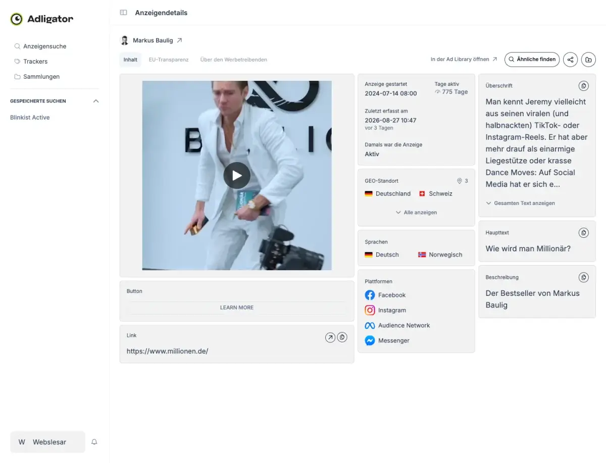 Anzeigendetails in Adligator: Markus Baulig Video mit 775 Tagen Laufzeit und Hook Wie wird man Millionär