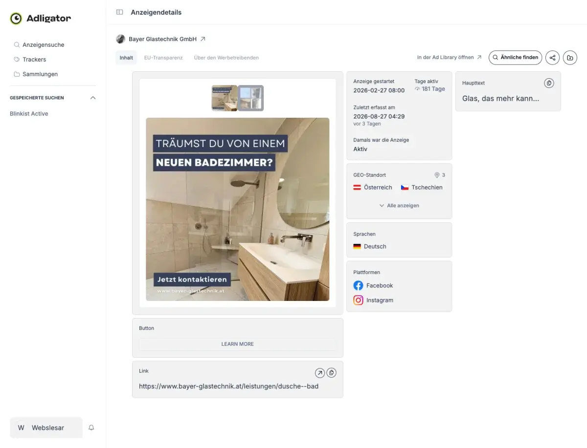 Anzeigendetails in Adligator: Carousel des Handwerksbetriebs Bayer Glastechnik mit 181 Tagen Laufzeit