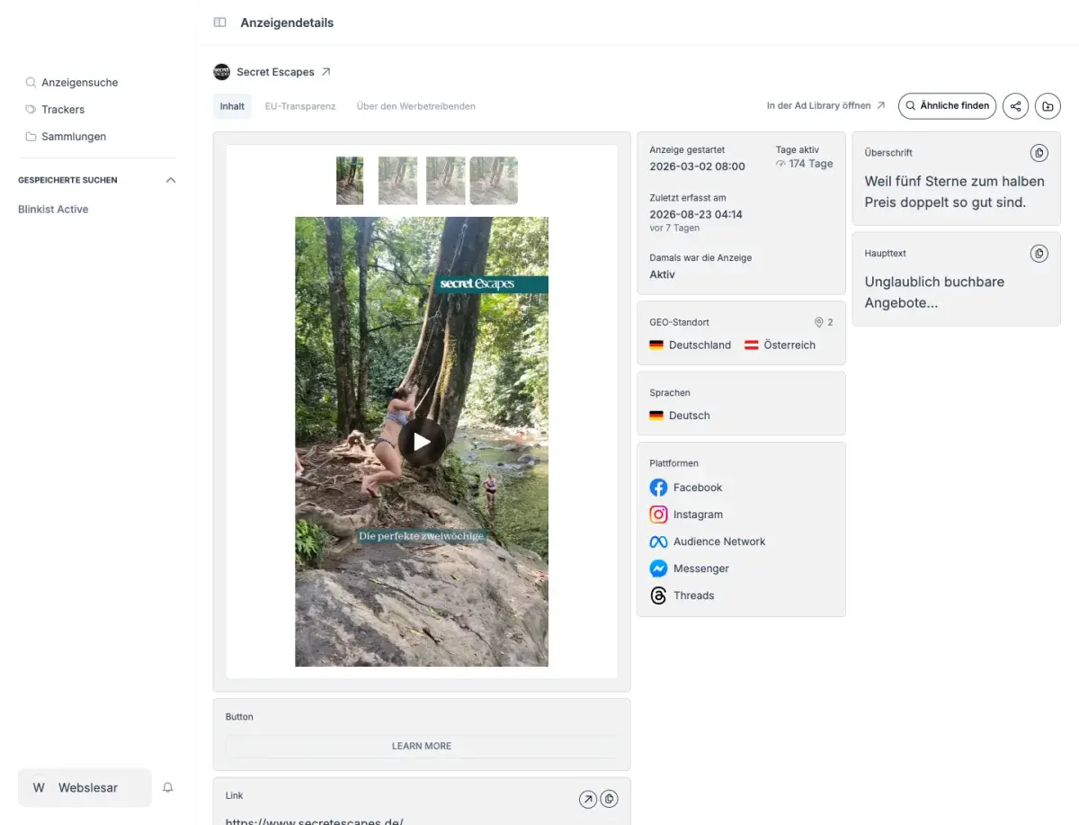 Anzeigendetails in Adligator: Secret Escapes DCO-Video mit 174 Tagen Laufzeit