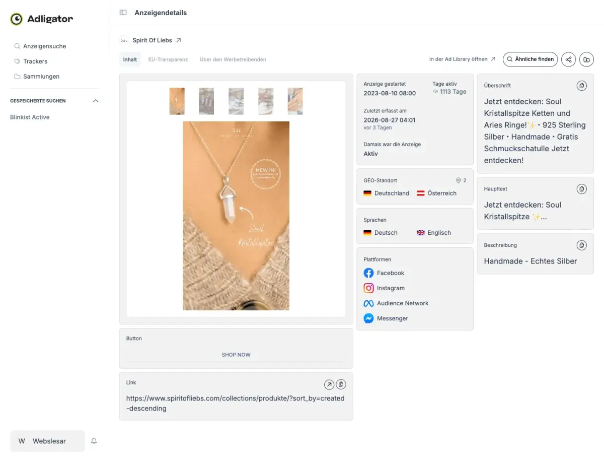 Anzeigendetails in Adligator: Spirit Of Liebs Katalog-Anzeige mit 1113 Tagen Laufzeit