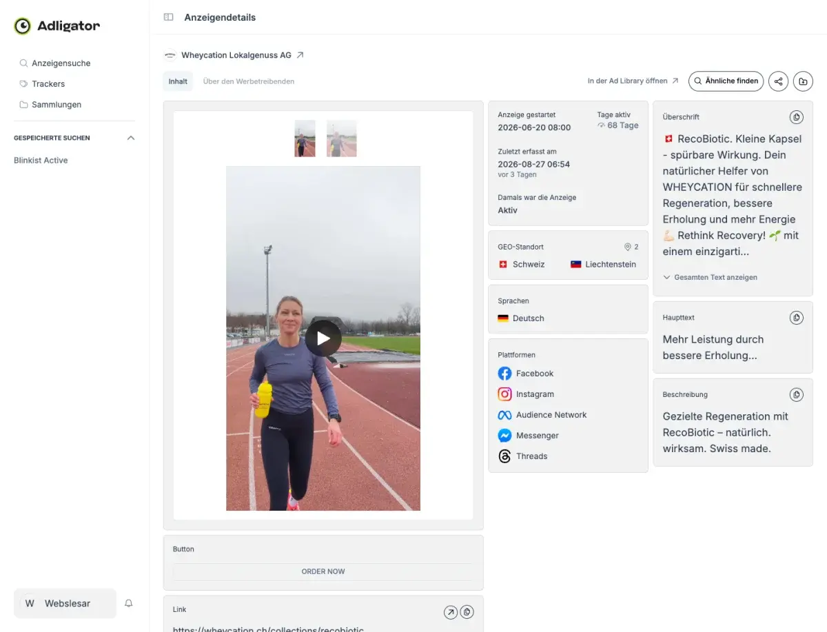 Anzeigendetails in Adligator: Wheycation DCO-Anzeige aus der Schweiz mit 68 Tagen Laufzeit