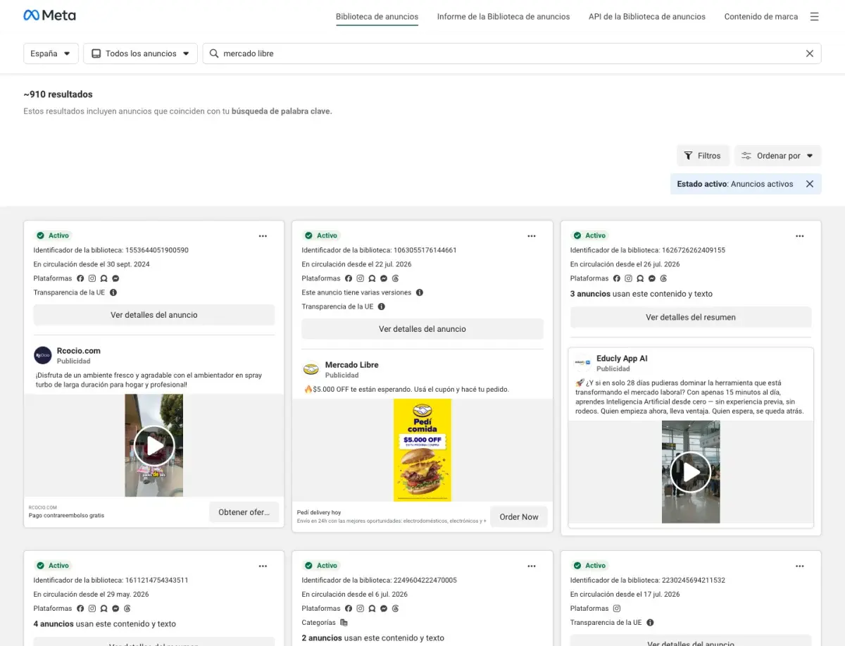 Biblioteca de Anuncios de Meta en español mostrando unos 910 resultados activos para una búsqueda en España