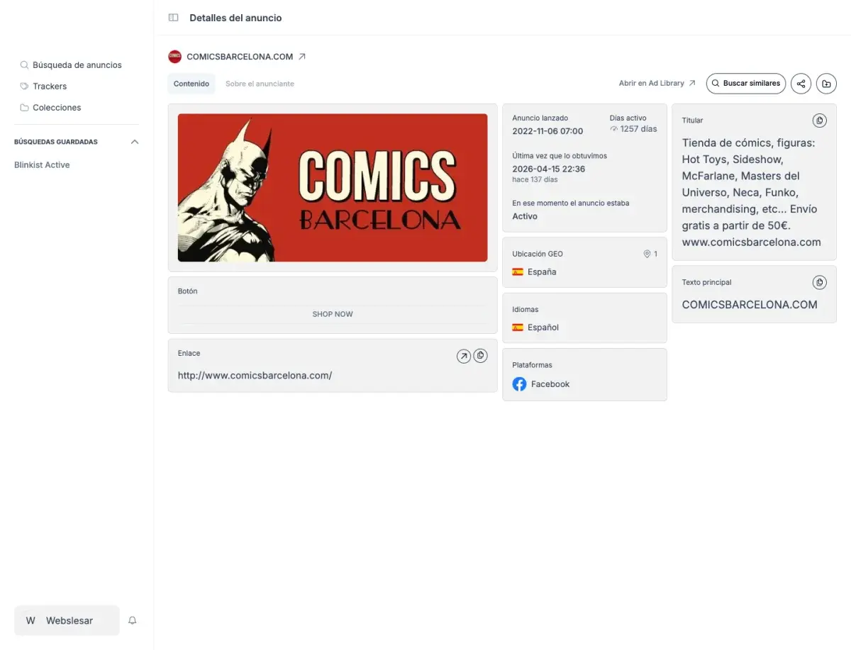 Detalle en Adligator del anuncio de Comics Barcelona con 1257 días activo, botón Shop Now y envío gratis desde 50 euros