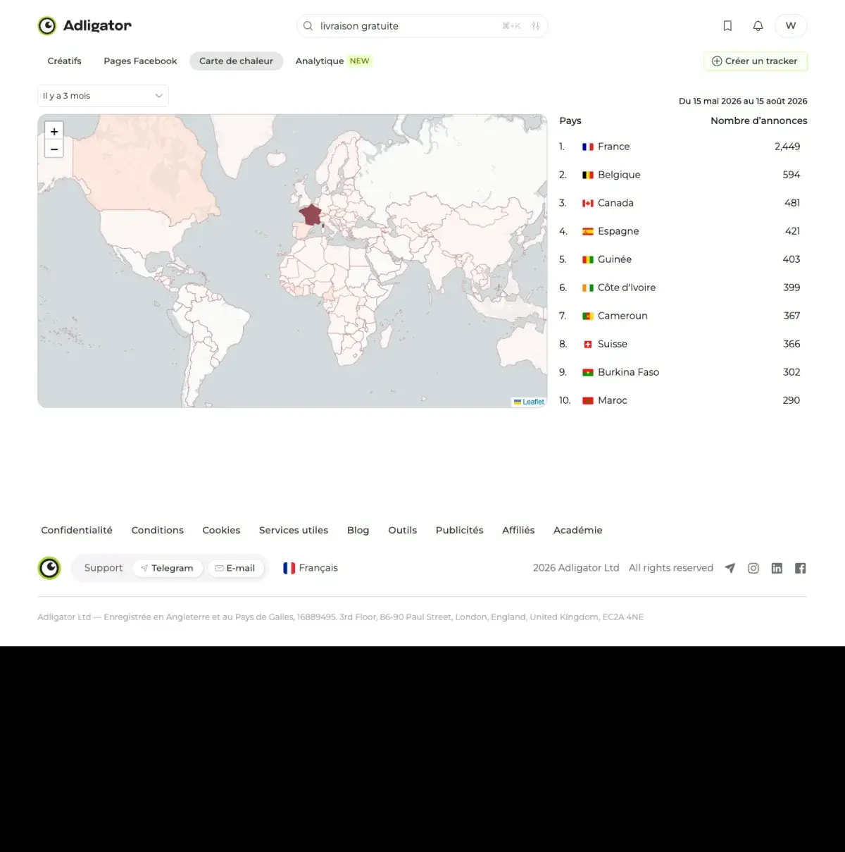 Carte de chaleur Adligator pour le mot-clé livraison gratuite : top 10 des pays avec la France à 2 449 annonces, la Belgique à 594 et le Canada à 481