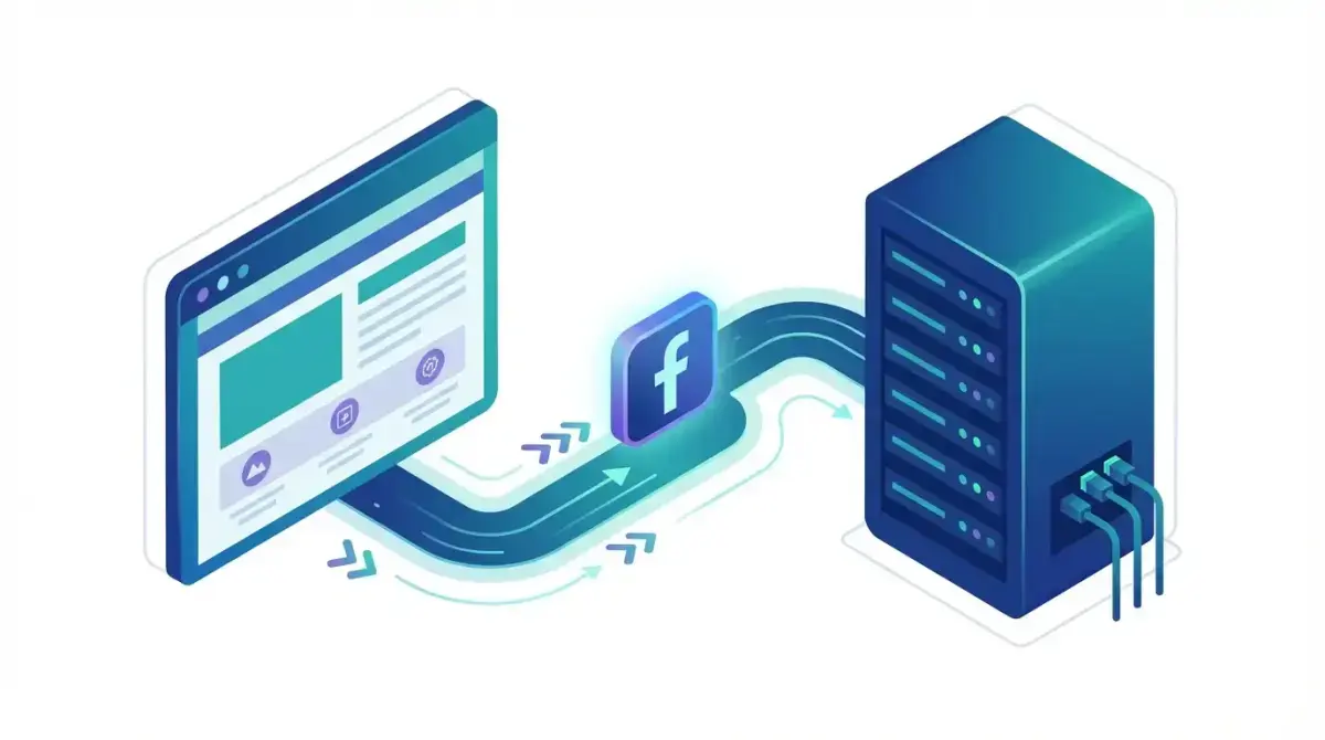 Server-side tracking concept illustration showing browser-to-server data flow for Facebook Pixel and Conversions API setup