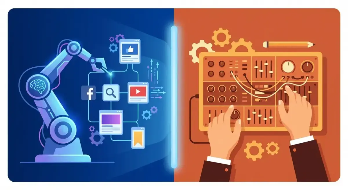 Illustration comparing AI-automated Advantage+ campaign management versus manual campaign setup with human controls