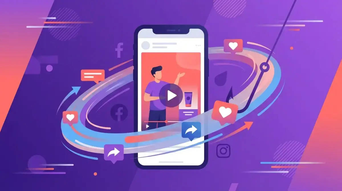 Dynamic illustration of a smartphone playing a short-form video ad with engagement icons and hook symbol for Facebook and Instagram advertising