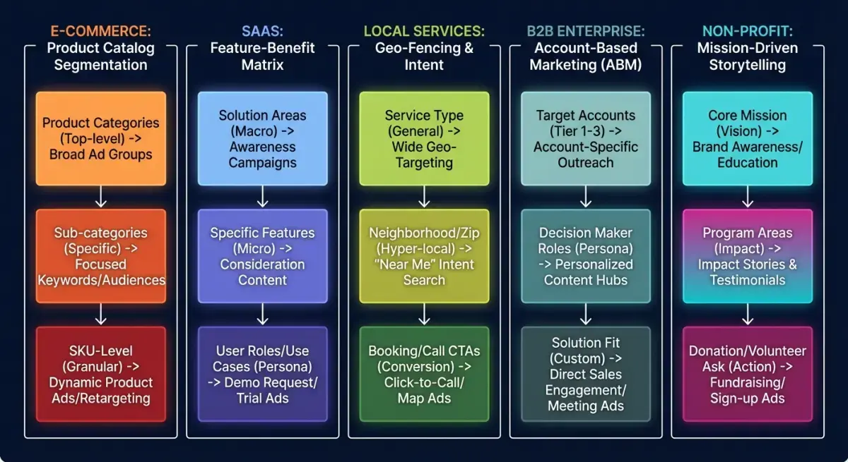 Diagram showing five Facebook Ads campaign structures organized by business vertical with campaign, ad set, and ad layers