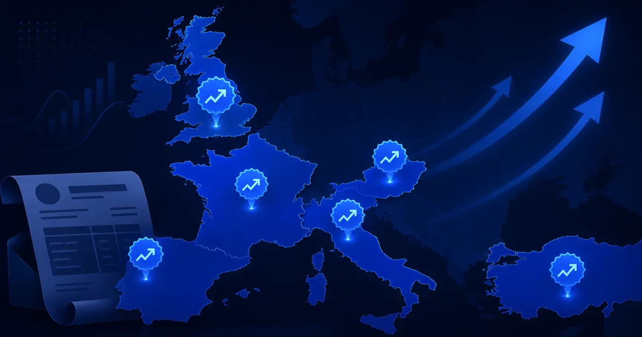 Map of Western Europe with rising cost arrows over the countries affected by Meta's advertising location fees