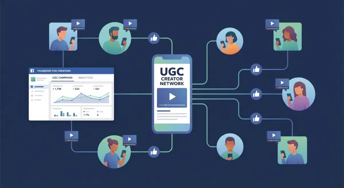UGC creator network workflow for Facebook Ads showing creator sourcing, briefing, and content production pipeline