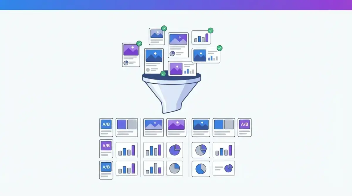 Система тестирования креативов Facebook Ads: воронка с вариантами рекламных объявлений и метриками