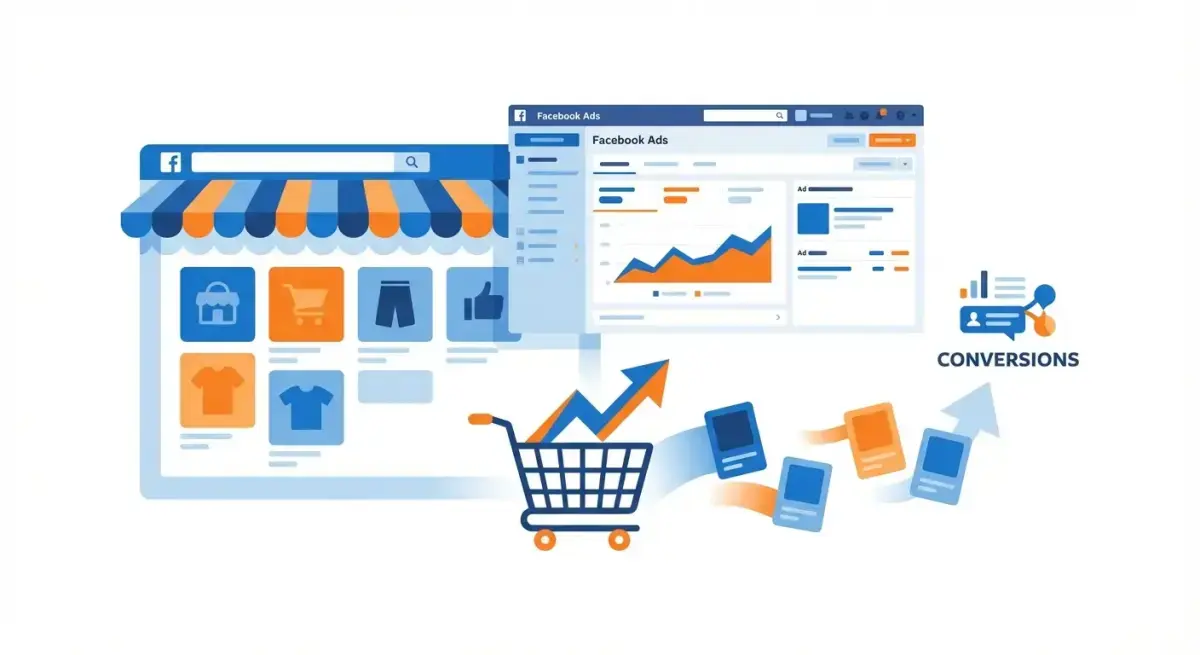Ілюстрація Facebook Ads для e-commerce: онлайн магазин з рекламним дашбордом та зростанням продажів