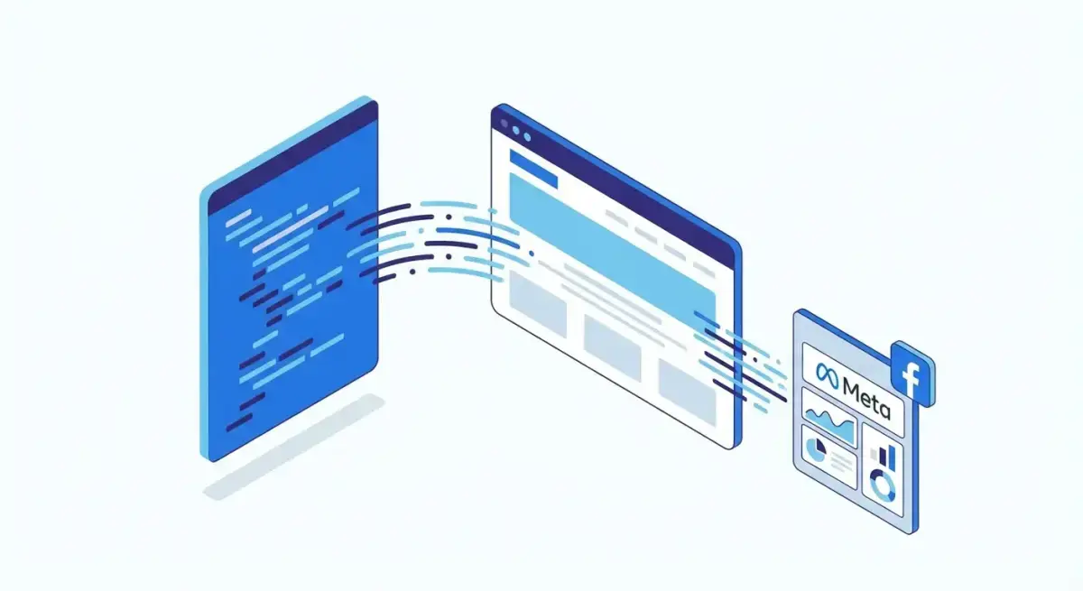 Ілюстрація налаштування Meta Pixel: код трекінгу та аналітичний дашборд Meta