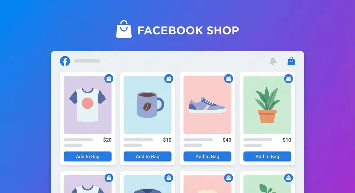 Схематичне зображення вітрини Facebook Shops з каталогом товарів та рекламними оголошеннями Meta Commerce