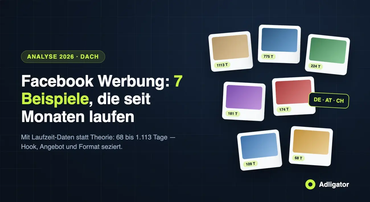 7 Facebook-Werbung-Beispiele aus dem DACH-Raum mit Laufzeiten von 68 bis 1113 Tagen
